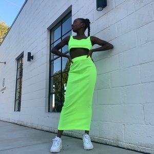 Neon yellow two-piece skirt set
